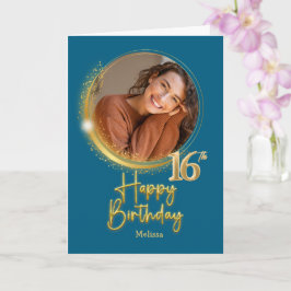 Modern Blue & Gold Photo Name 16th Birthday カード