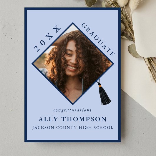 Modern Blue Graduation Cap Photo Announcement 招待状