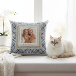 Modern Blue Gray Plaid Best Mom Ever クッション