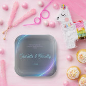 Modern Blue Gray Purple Electric Neon Glow Wedding ペーパープレート (パーティー)