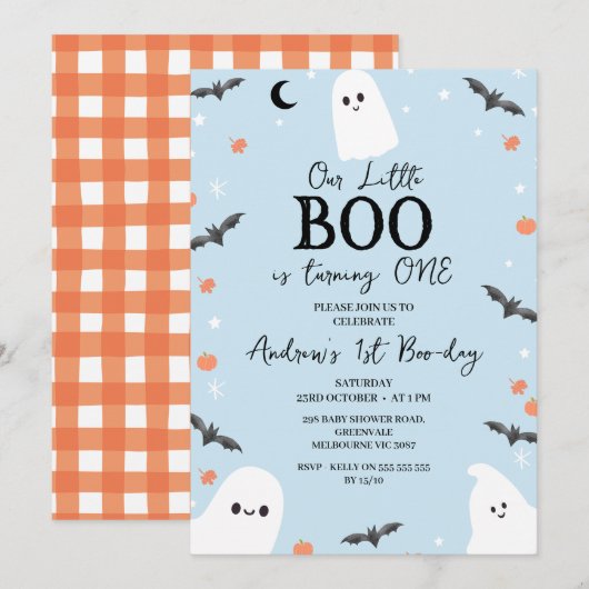 Modern Blue Halloween Little Boo 1st Birthday 招待状 (正面/裏面)