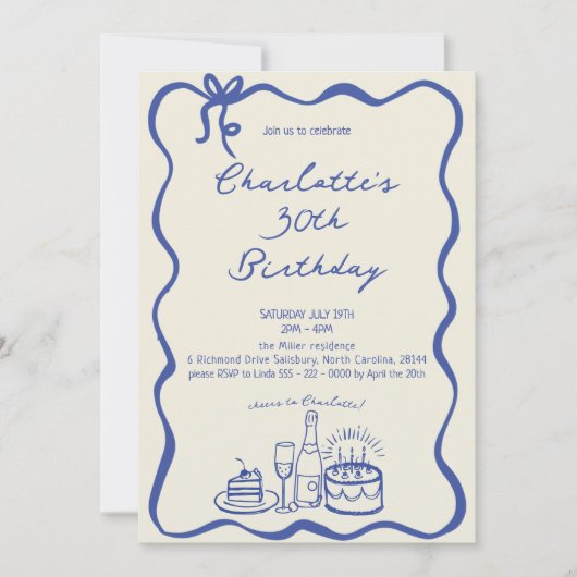 MODERN BLUE Hand Drawn 30th Birthday Invitation 招待状 (正面)