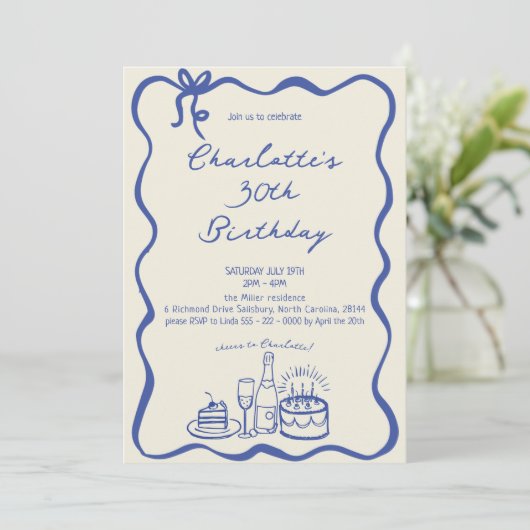 MODERN BLUE Hand Drawn 30th Birthday Invitation 招待状 (スタンド正面)