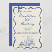 MODERN BLUE Hand Drawn 30th Birthday Invitation 招待状 (正面/裏面)