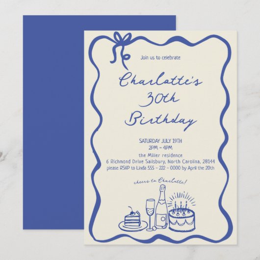 MODERN BLUE Hand Drawn 30th Birthday Invitation 招待状 (正面/裏面)