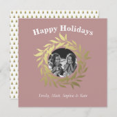 Modern Blue Happy Holidays Gold Foil Wreath Photo シーズンカード (正面/裏面)