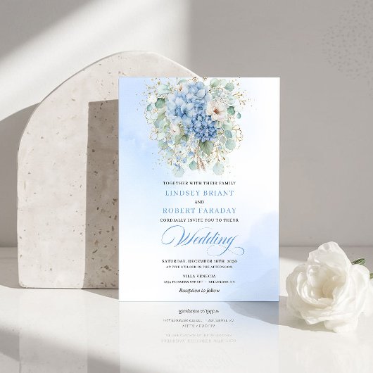 Modern Blue Hydrangea Botanical Wedding Invitation 招待状