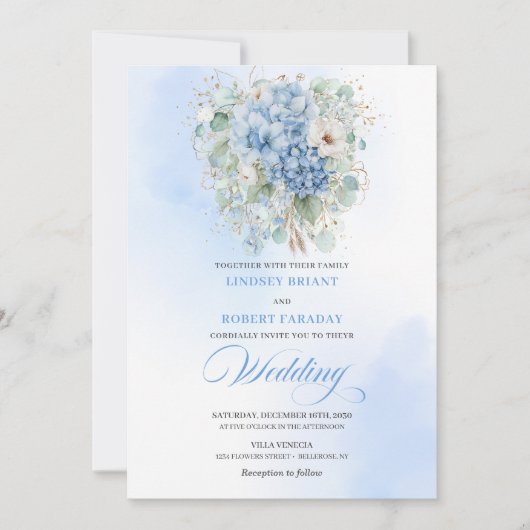 Modern Blue Hydrangea Botanical Wedding Invitation 招待状 (正面)