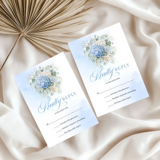 Modern Blue Hydrangea Eucalyptus Wedding RSVP
