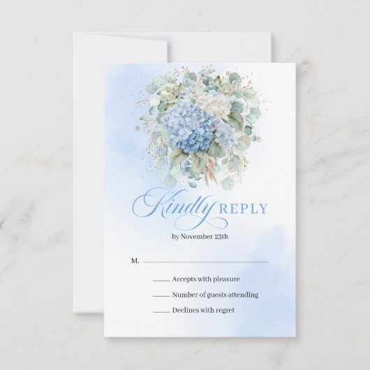Modern Blue Hydrangea Eucalyptus Wedding RSVP (正面)