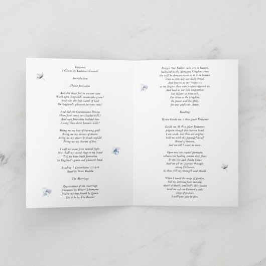 Modern Blue Hydrangea Floral Wedding Program プログラム (内部)