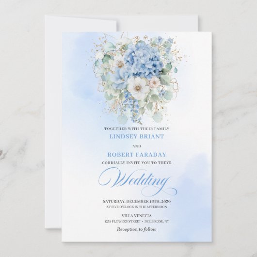 Modern Blue Hydrangea Gold Floral Wedding Invite 招待状 (正面)