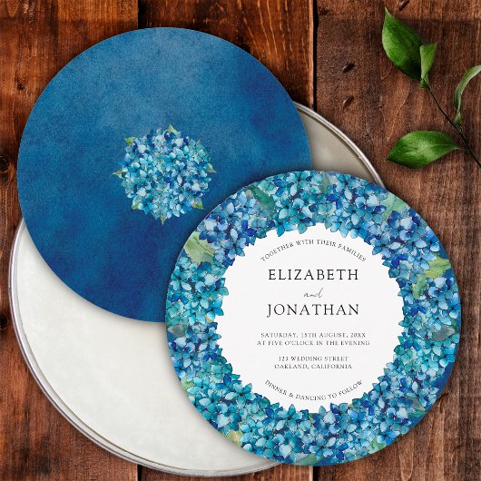 Modern Blue Hydrangea Round Wedding Invitation サンキューカード