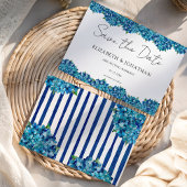 Modern Blue Hydrangeas Navy Blue Striped Wedding セーブザデート