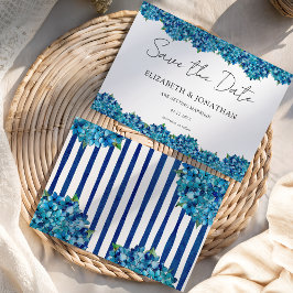 Modern Blue Hydrangeas Navy Blue Striped Wedding セーブザデート