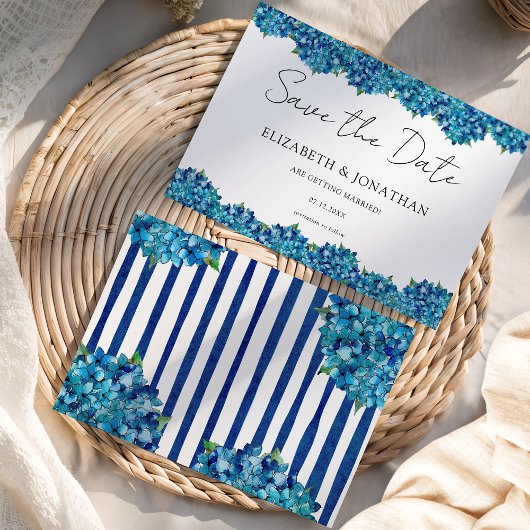 Modern Blue Hydrangeas Navy Blue Striped Wedding セーブザデート