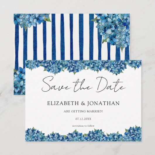 Modern Blue Hydrangeas Navy Blue Striped Wedding セーブザデート (正面/裏面)