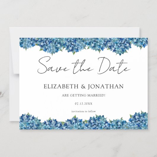 Modern Blue Hydrangeas Navy Blue Striped Wedding マグネット招待状 (正面)