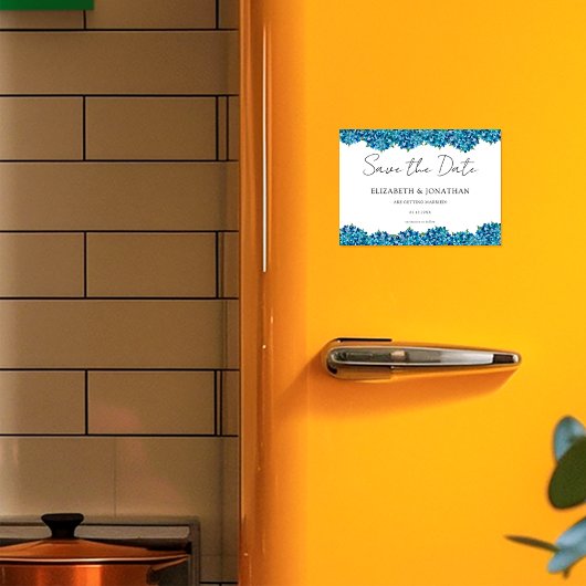 Modern Blue Hydrangeas Navy Blue Striped Wedding マグネット招待状