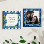Modern Blue Hydrangeas Stripe Photo Wedding 招待状
