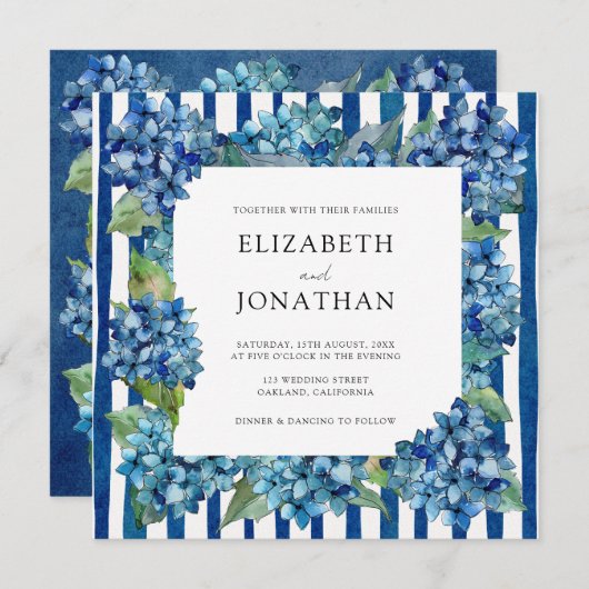 Modern Blue Hydrangeas Stripe Photo Wedding 招待状 (正面/裏面)