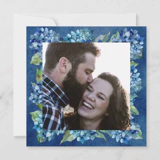 Modern Blue Hydrangeas Stripe Photo Wedding 招待状 (裏面)