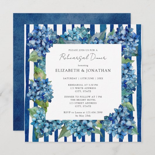 Modern Blue Hydrangeas Stripe Rehearsal Dinner 招待状 (正面/裏面)