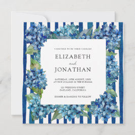 Modern Blue Hydrangeas Stripe RSVP QR Code Wedding 招待状