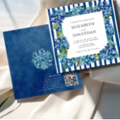 Modern Blue Hydrangeas Stripe RSVP QR Code Wedding 招待状