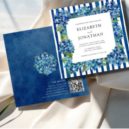 Modern Blue Hydrangeas Stripe RSVP QR Code Wedding 招待状