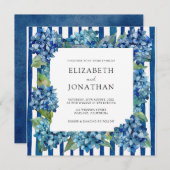 Modern Blue Hydrangeas Watercolor Stripe Wedding 招待状 (正面/裏面)