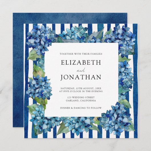 Modern Blue Hydrangeas Watercolor Stripe Wedding 招待状 (正面/裏面)