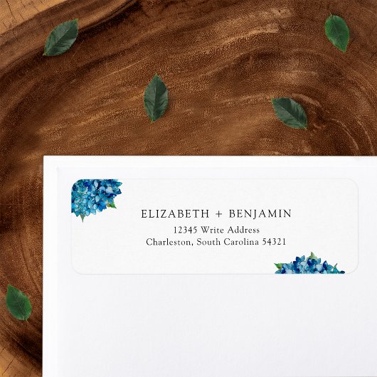 Modern Blue Hydrangeas Wedding RSVP Return Address ラベル