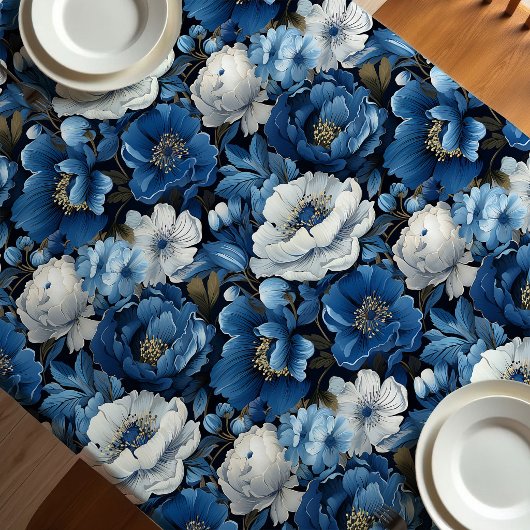 Modern Blue Ivory Floral Decorative Tablecloth テーブルクロス