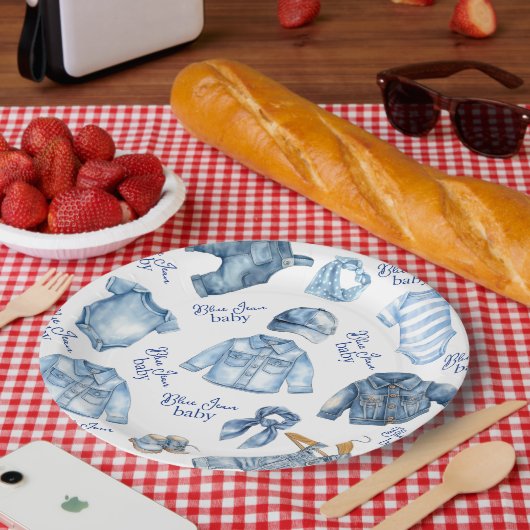 Modern Blue Jean Baby Denim Themed Baby Shower ペーパープレート (ピクニック)