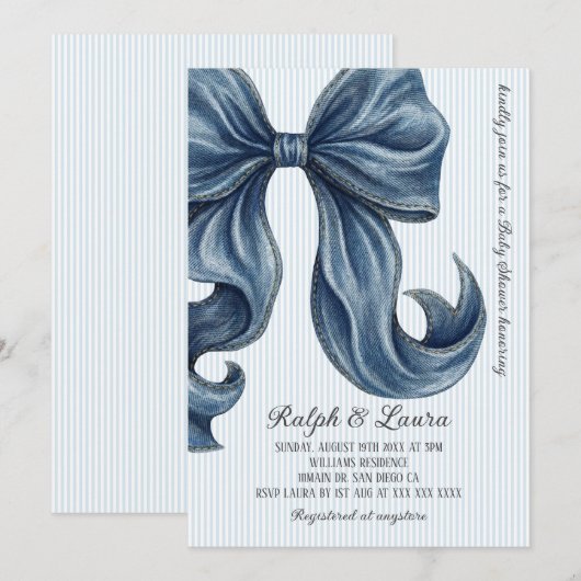 Modern Blue Jeans Bow Baby Shower 招待状 (正面/裏面)
