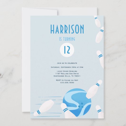 Modern Blue Kids Bowling Birthday Party 招待状 (正面)