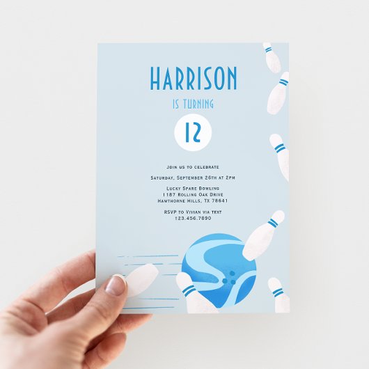 Modern Blue Kids Bowling Birthday Party 招待状