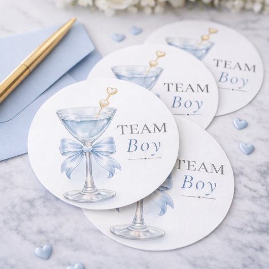 Modern Blue Martini Theme Gender Reveal Team Boy ラウンドシール