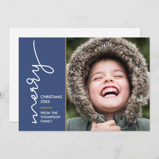 Modern blue Merry Christmas Script Photo Card (正面/裏面)