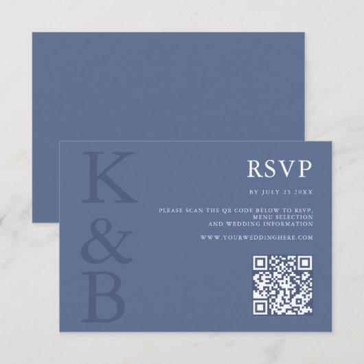 Modern Blue Monogram Minimalist Wedding 出欠カード (正面/裏面)