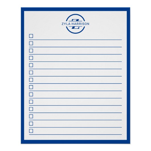 Modern Blue Monogram Name To Do List ポスター (正面)