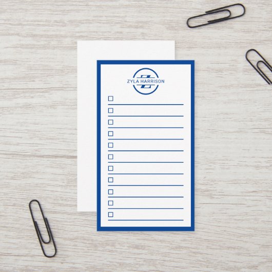 Modern Blue Monogram Name To Do List 名刺 (正面/裏面インサイチュ)