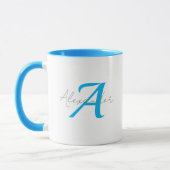 Modern Blue Monogram & Script Name Personalized  マグカップ (左)