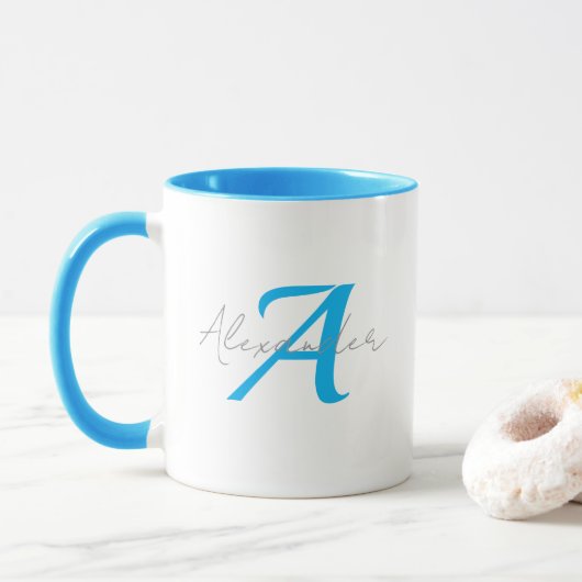 Modern Blue Monogram & Script Name Personalized  マグカップ (ドーナツ)