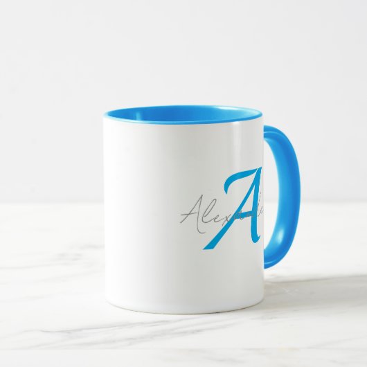 Modern Blue Monogram & Script Name Personalized  マグカップ (正面右)