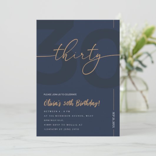 Modern Blue Navy & Gold 30th Birthday Invitation 招待状 (スタンド正面)