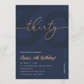 Modern Blue Navy & Gold 30th Birthday Invitation 招待状 (正面)