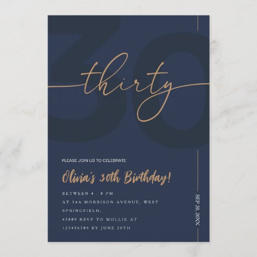 Modern Blue Navy & Gold 30th Birthday Invitation 招待状 (正面)