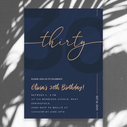 Modern Blue Navy & Gold 30th Birthday Invitation 招待状